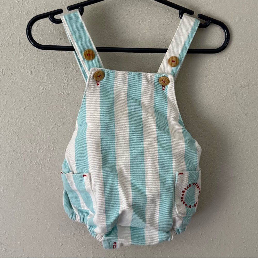 Piu Piu Chick Blue & White Striped Bubble Overalls Size 0-3 Months